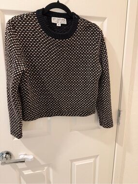 St. John Black and Cream Textured Knit Crewneck Sweater